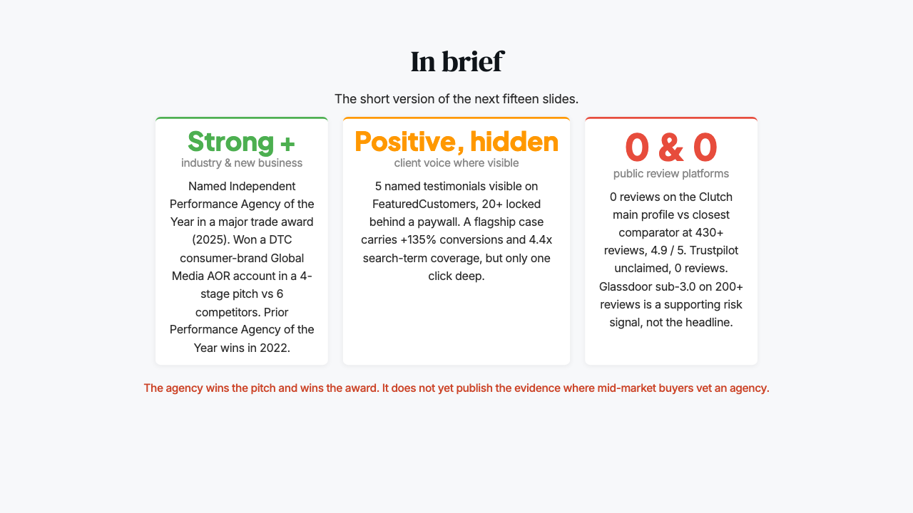 In brief slide — three colored cards summarizing industry signal, client voice, and public review platform presence